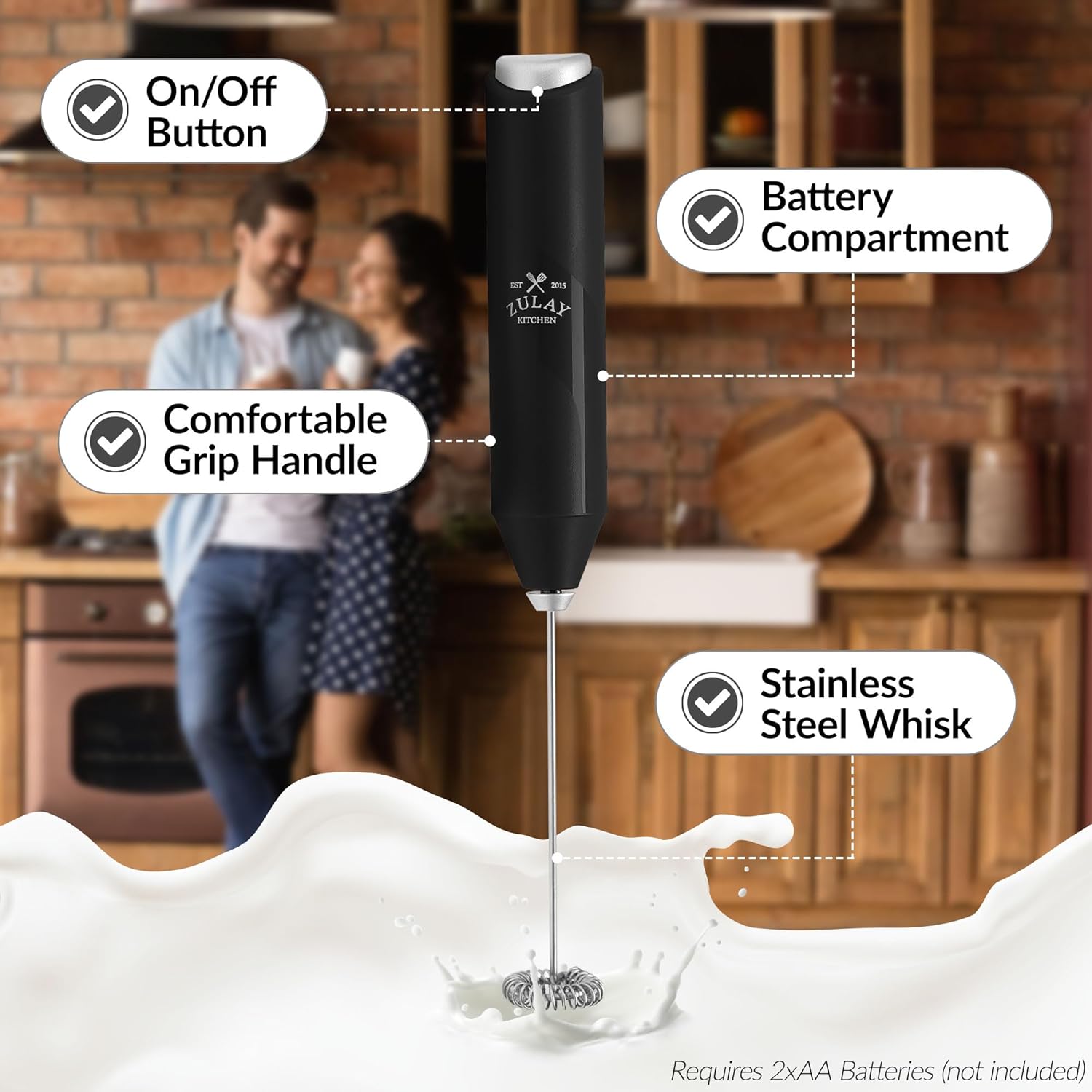 "Zulay Kitchen Milk Frother Wand, Stainless Steel, Battery-Operated for Coffee, Lattes, Matcha - Black" - Image 5