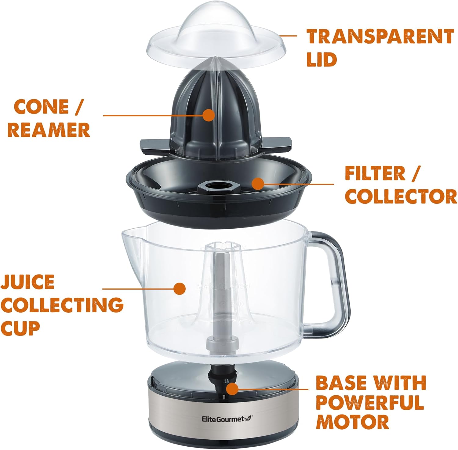 Elite Gourmet 24oz Electric Citrus Juicer | BPA-Free, Pulp Control, Easy Pour Spout, Black/Stainless Steel - Image 2