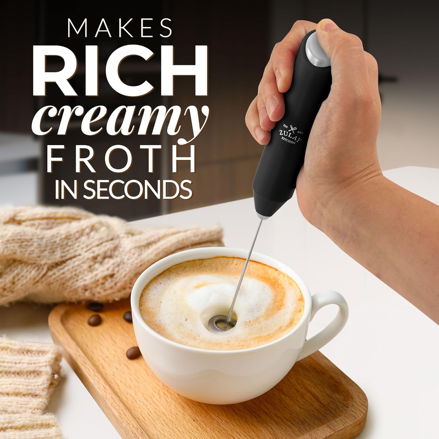 "Zulay Kitchen Milk Frother Wand, Stainless Steel, Battery-Operated for Coffee, Lattes, Matcha - Black" - Image 2
