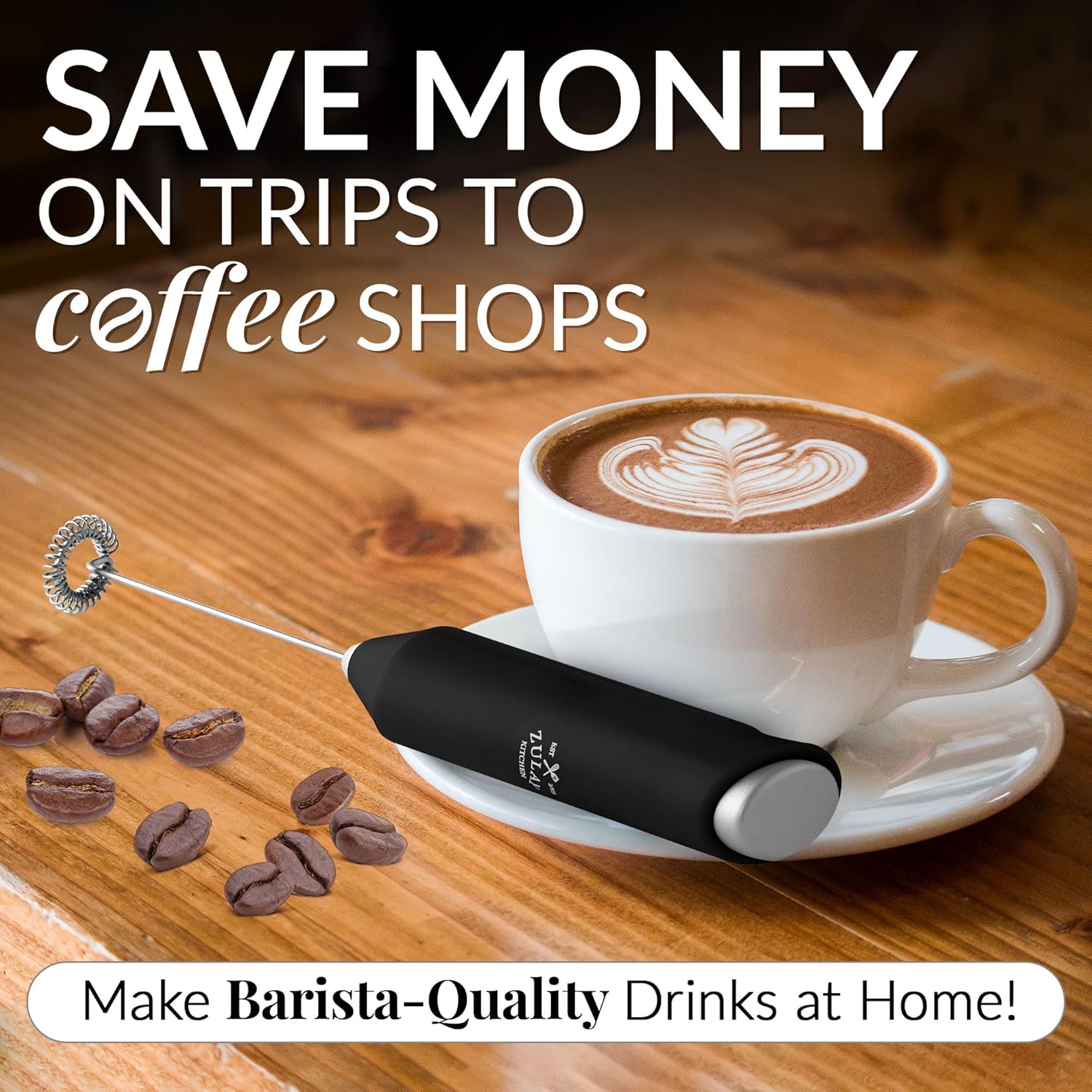 "Zulay Kitchen Milk Frother Wand, Stainless Steel, Battery-Operated for Coffee, Lattes, Matcha - Black" - Image 3